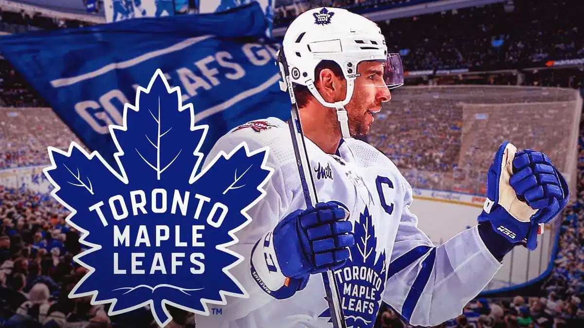 Toronto Maple Leafs star John Tavares reacting to his 1000th career point against the Islanders