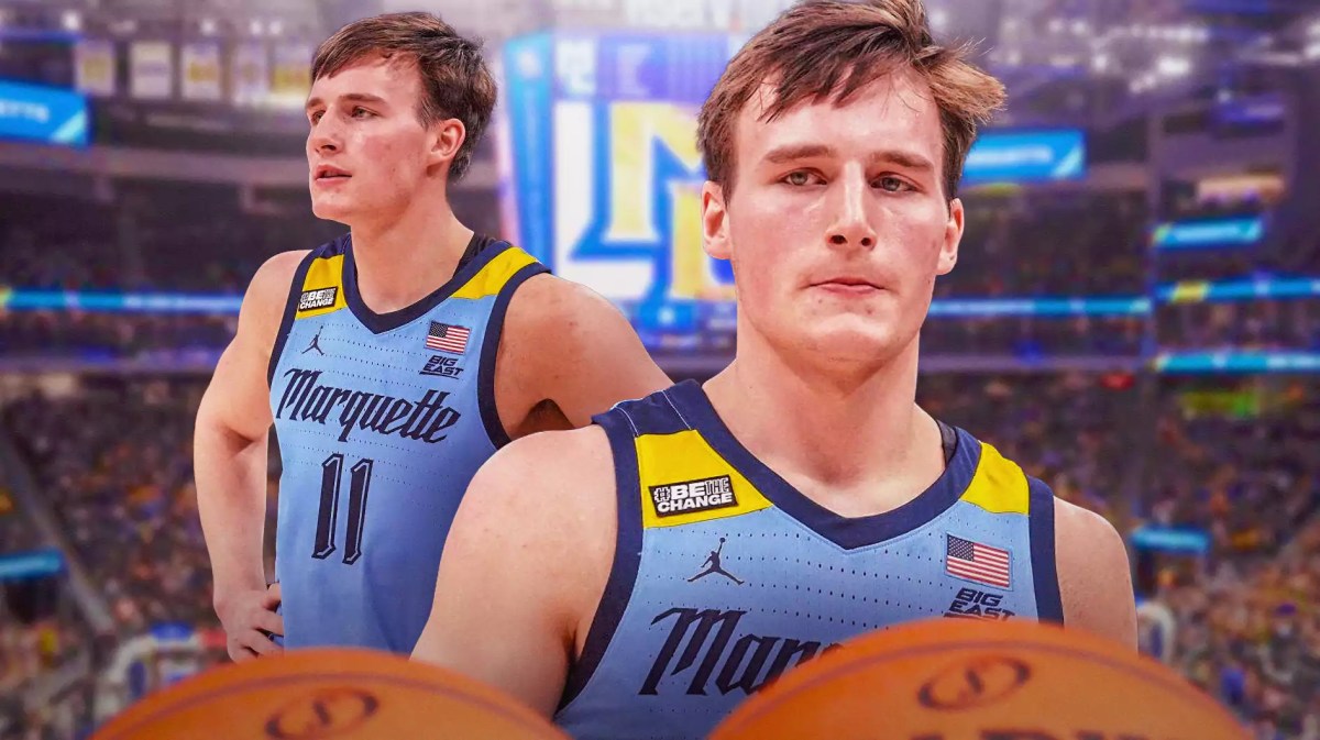 Marquette basketball, Golden Eagles, Texas basketball, Longhorns, Tyler Kolek, Tyler Kolek in Marquette basketball uni with Marquette basketball arena in the background