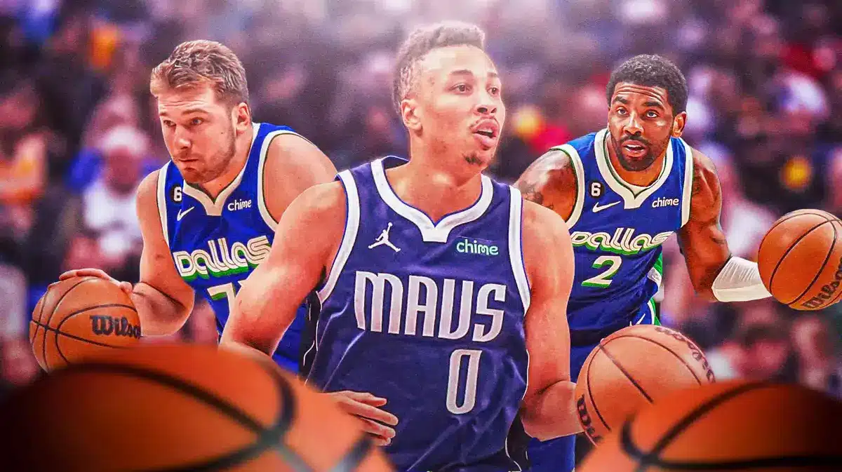 Mavs' Dante Exum, Mavs' Luka Doncic, and Mavs' Kyrie Irving all in image. Exum in front.