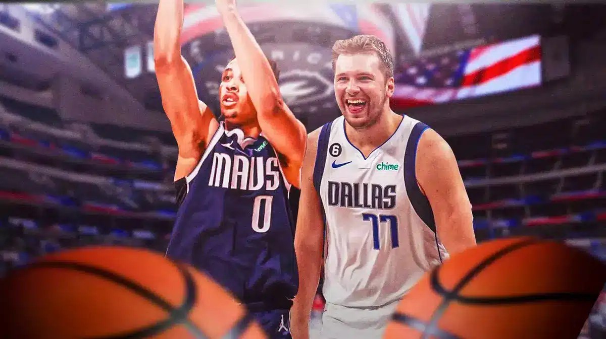 Mavs' Dante Exum shooting a basketball, Mavs' Luka Doncic smiling