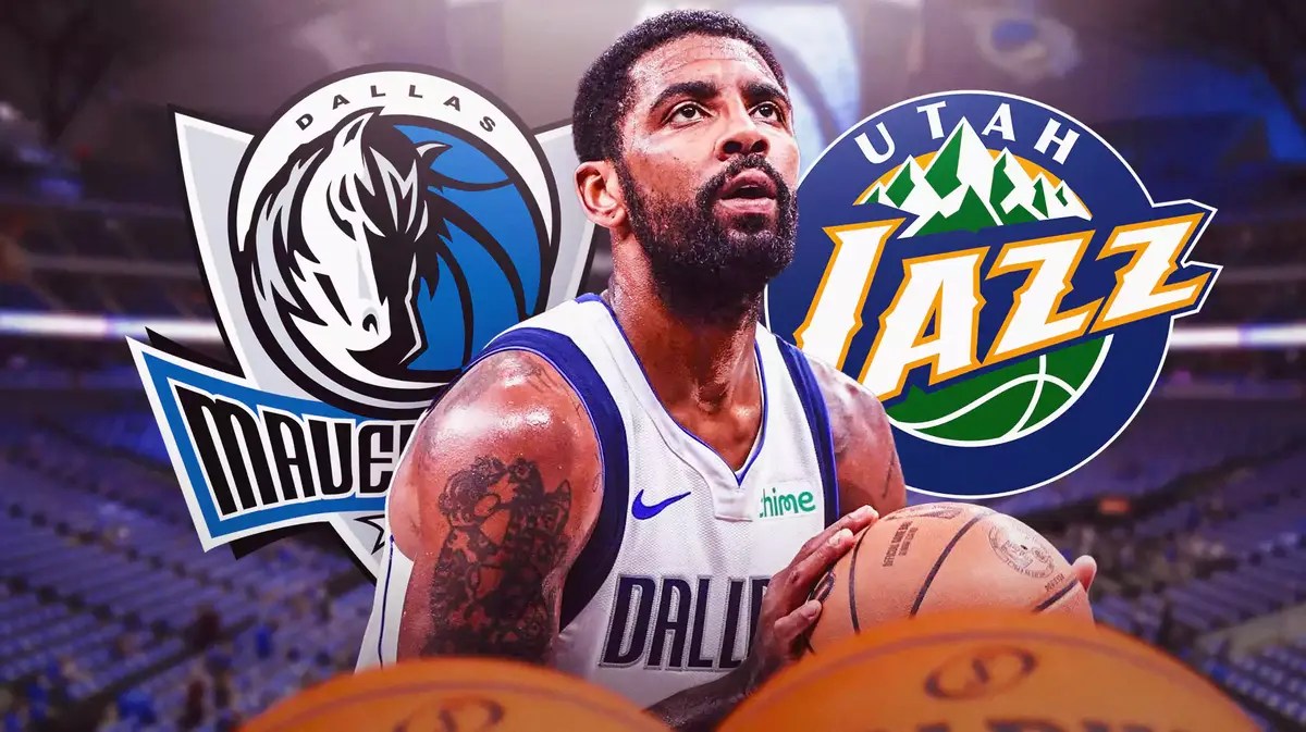 Mavs' Kyrie Irving shooting a basketball. Place the Mavs and Utah Jazz logos in background.