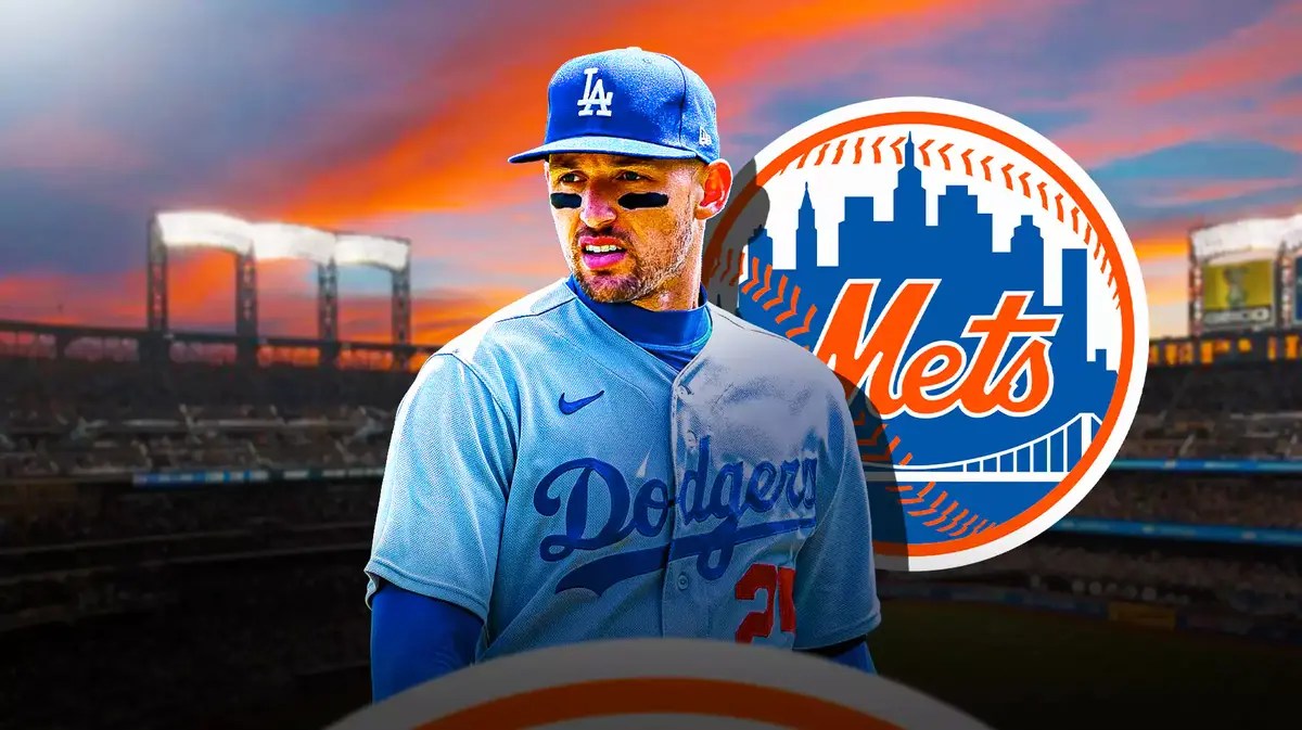 Dodgers' Trayce Thompson next to the Mets' logo