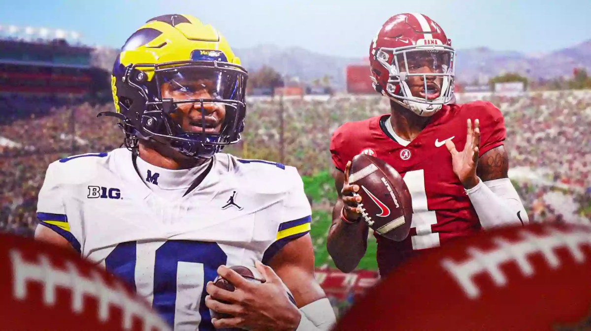 Michigan football, Wolverines, Alex Orji, Jalen Milroe, Kenneth Grant, Alex Orji in Michigan uni and Jalen Milroe in Alabama uni with Rose Bowl stadium in the background