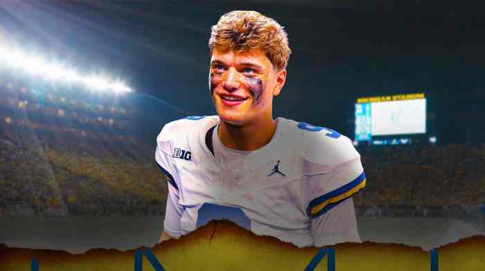 Michigan football, Wolverines, Mel Kiper Jr., JJ McCarthy, JJ McCarthy NFL Draft, JJ McCarthy in Michigan uni with Michigan football stadium in the background