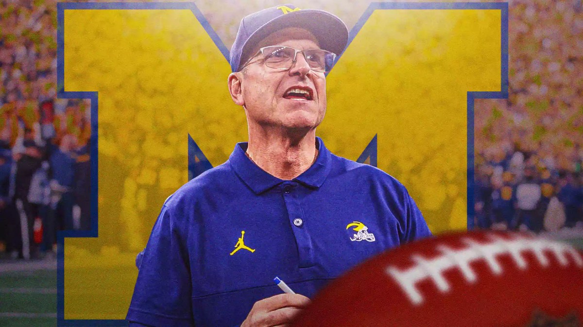 Michigan football, Wolverines, Jim Harbaugh, Michigan football investigation, Michigan NOA, Jim Harbaugh with Michigan football stadium in the background