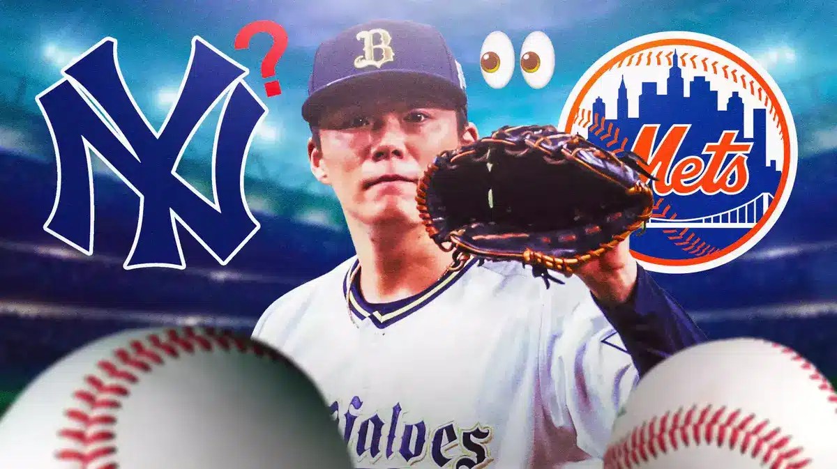 Yoshinobu Yamamoto with the Yankees logo and Mets logo, and the “looking” emoji and question marks