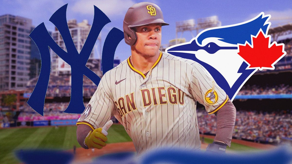 Juan Soto in a Padres uniform. Yankees, Blue Jays logos in background