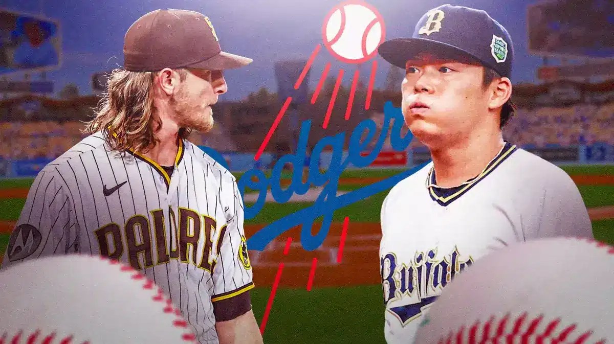 baseball players Yoshinobu Yamamoto and Josh Hader with the Los Angeles Dodgers logo