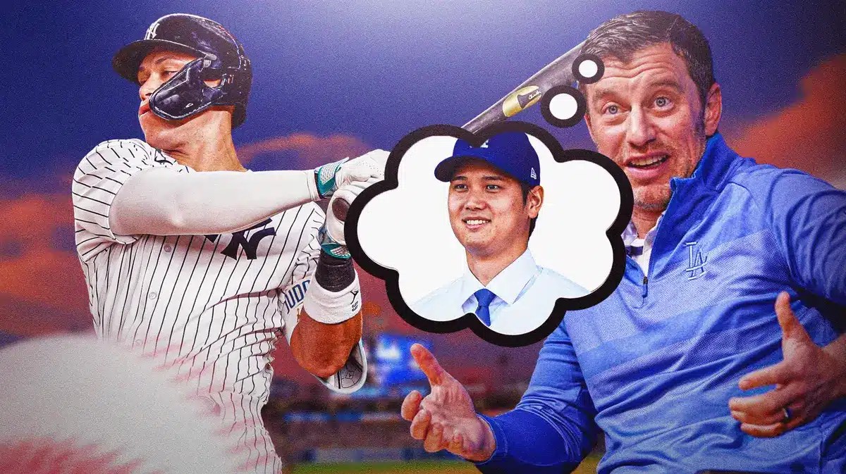Yankees' Aaron swinging a bat on left side of screen. Dodgers' Andrew Friedman on right side of screen. Give Friedman a thought bubble, and in the bubble place Angels' Shohei Ohtani