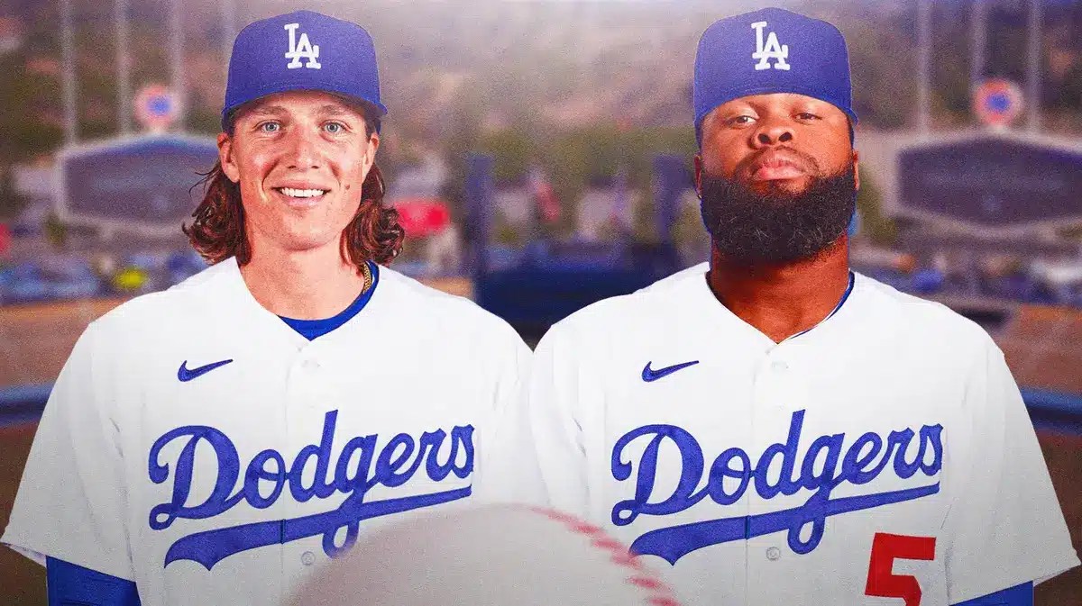 Tyler Glasnow and Manuel Margot in Dodgers jerseys