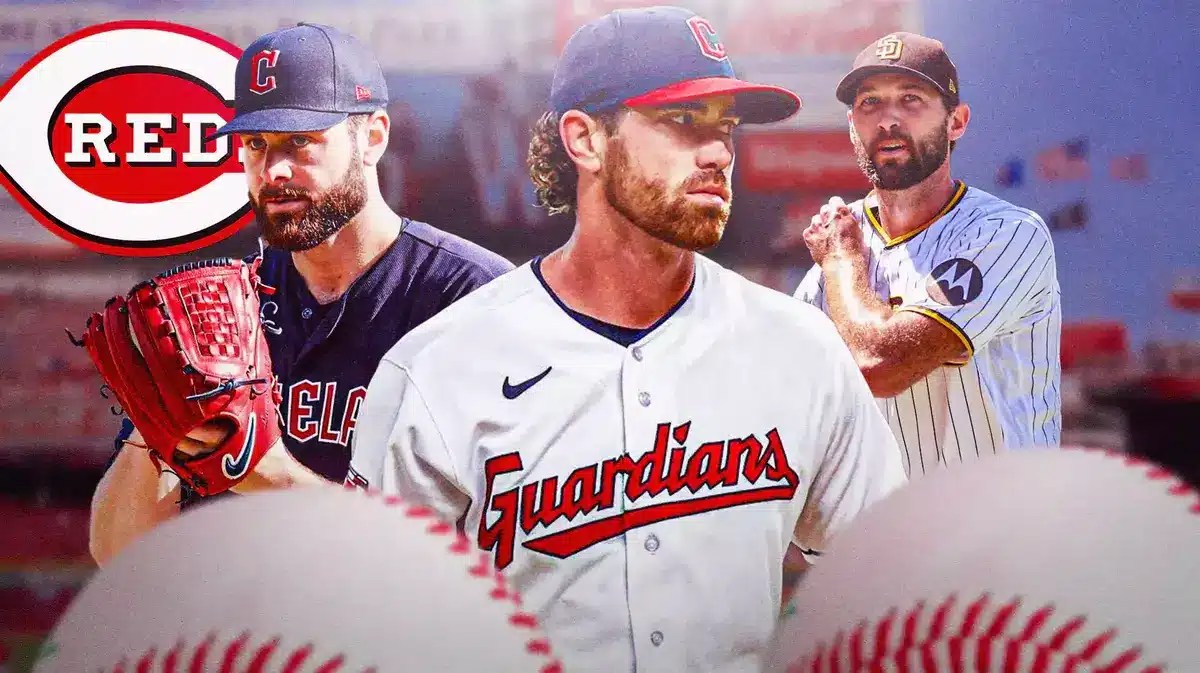 MLB players Shane Bieber, Lucas Giolito and Michael Wacha with the Cincinnati Reds logo
