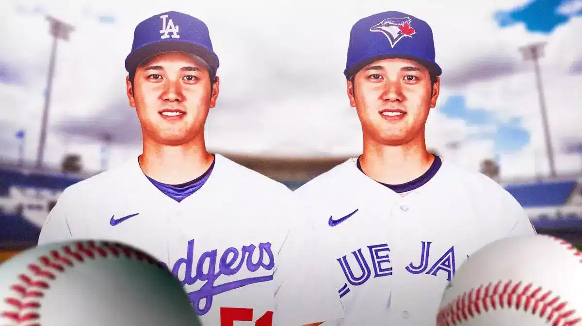 Shohei Ohtani in a Dodgers uniform, Shohei Ohtani in a Blue Jays uniform