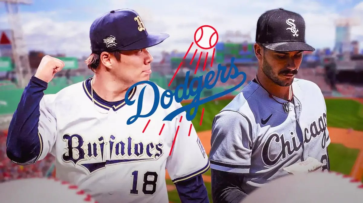Yoshinobu Yamamoto on left, Dylan Cease on right. Dodgers logo in middle.