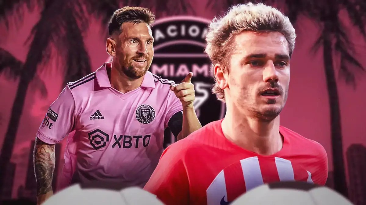 Antoine Griezmann and Lionel Messi in front of the Inter Miami logo