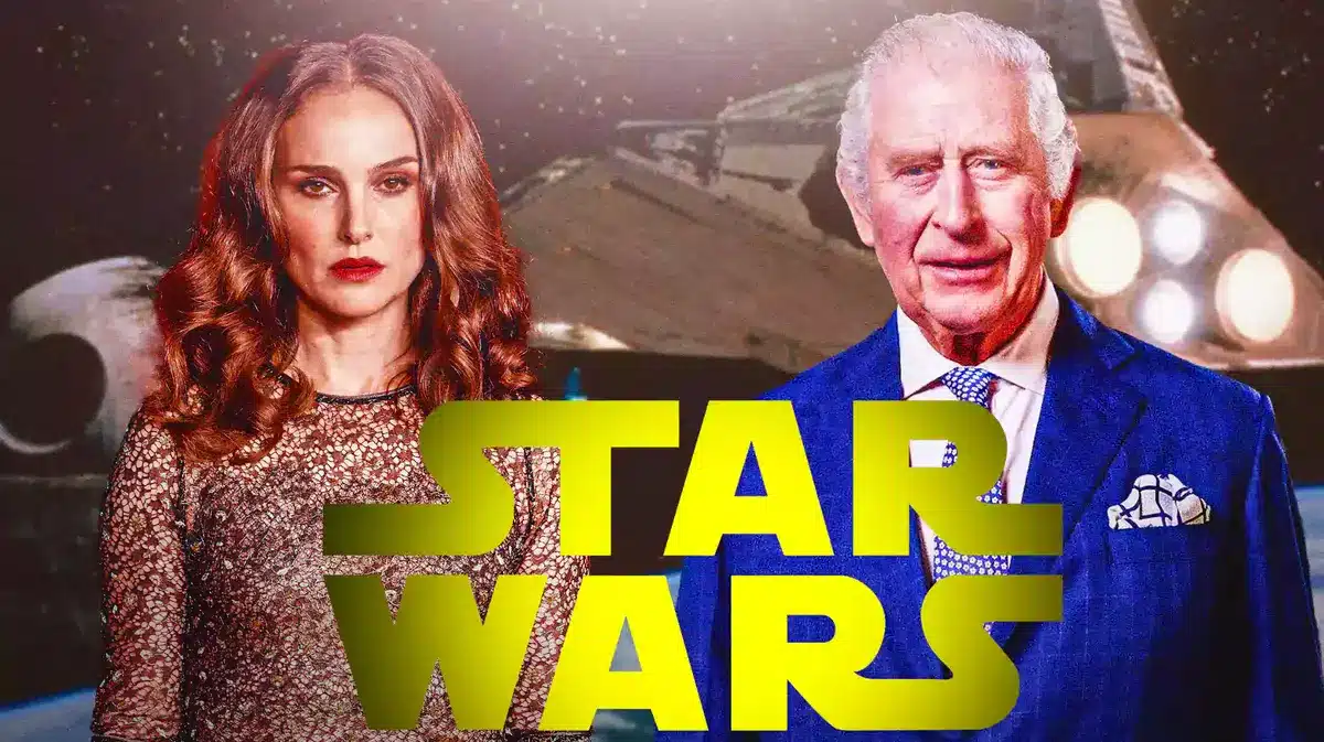 Natalie Portman and Prince Charles III with Star Wars logo and background.