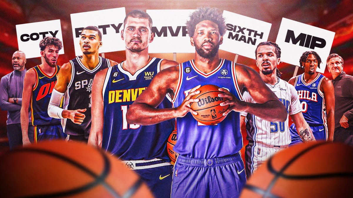 Jamahl Mosley, Tyrese Maxey, Chet Holmgren, Nikola Jokic, Victor Wembanyama, Joel Embiid, Cole Anthony, and Chris Finch with NBA awards signs behind them