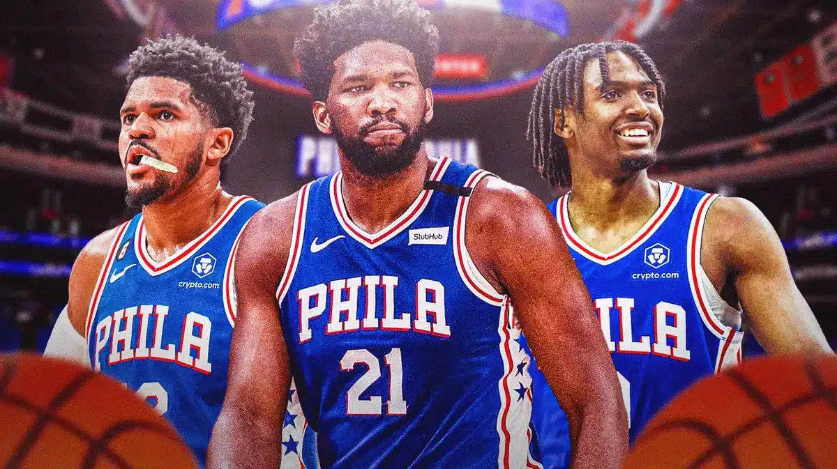 Joel Embiid, Tyrese Maxey and Tobias Harris