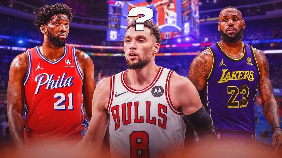 Sixers Joel Embiid with Bulls Zach Lavine and Lakers LeBron James before the NBA Trade Deadline