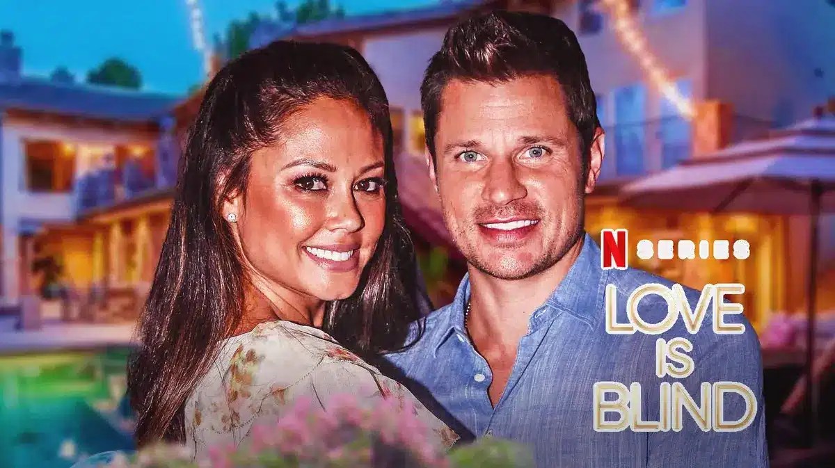 Nick Lachey and Vanessa Lachey with a “Love Is Blind” logo