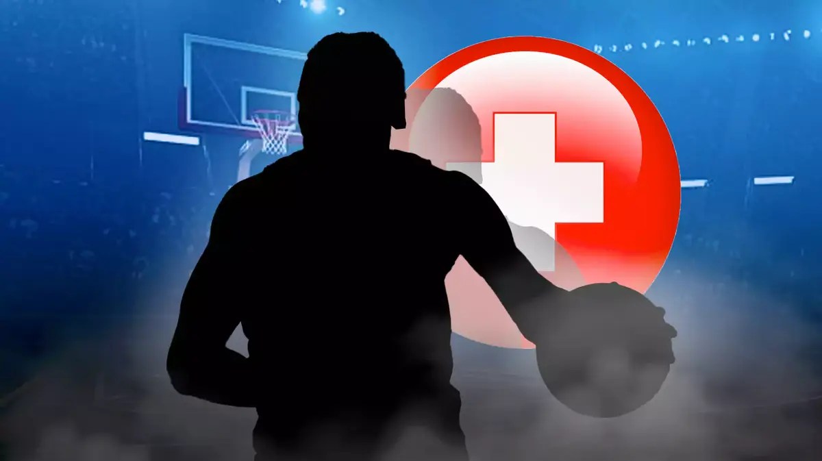 SILHOUETTE of ACTION shot of Dennis Smith Jr. (Nets) with medical symbol