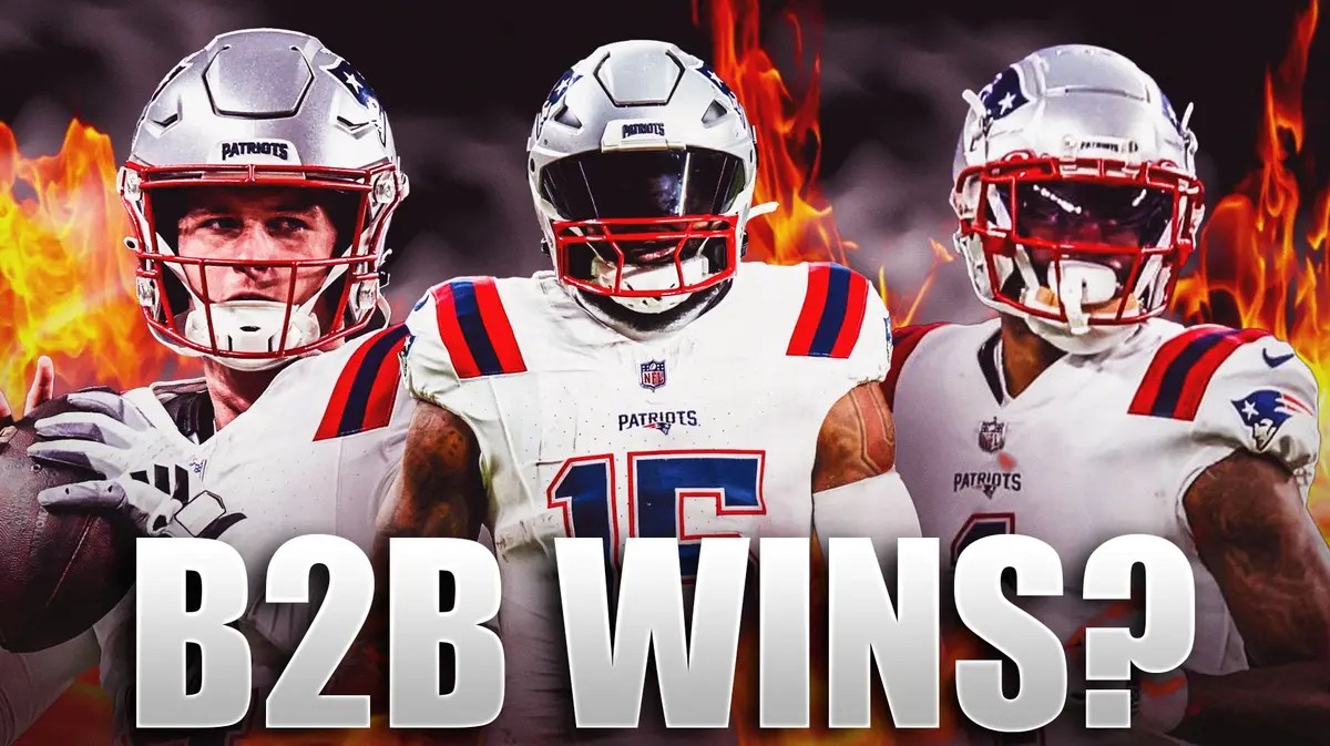 Bailey Zappe, Ezekiel Elliott, DeVante Parker all beside each other with flames in the background.