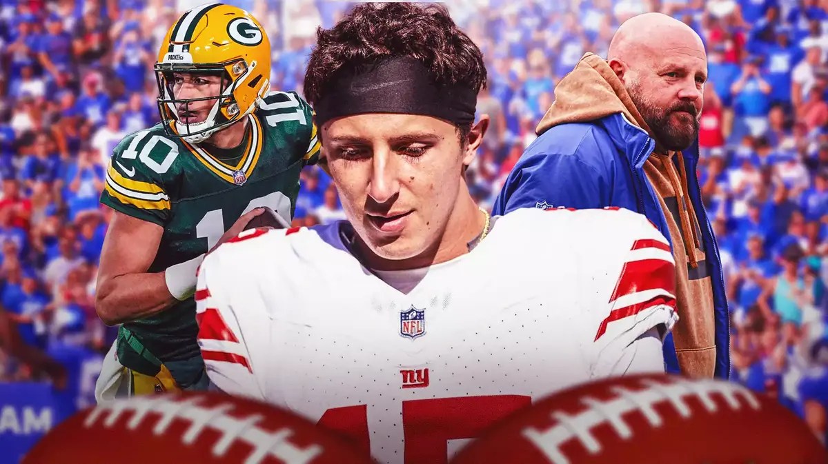 Tommy DeVito, Brian Daboll, Jordan Love. MetLife Stadium with Giants fans in the backgorund