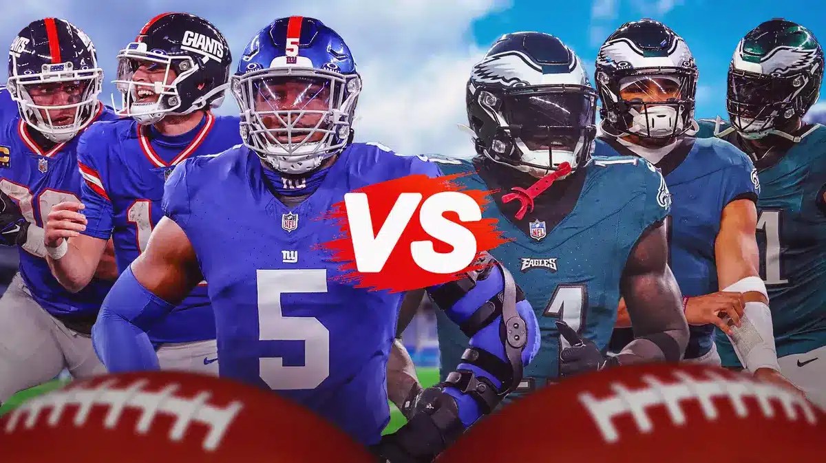 New York Giants' Kayvon Thibodeaux, Tommy DeVito, and Saquon Barkley VS. Philadelphia Eagles' A.J. Brown, Jalen Hurts, and Fletcher Cox
