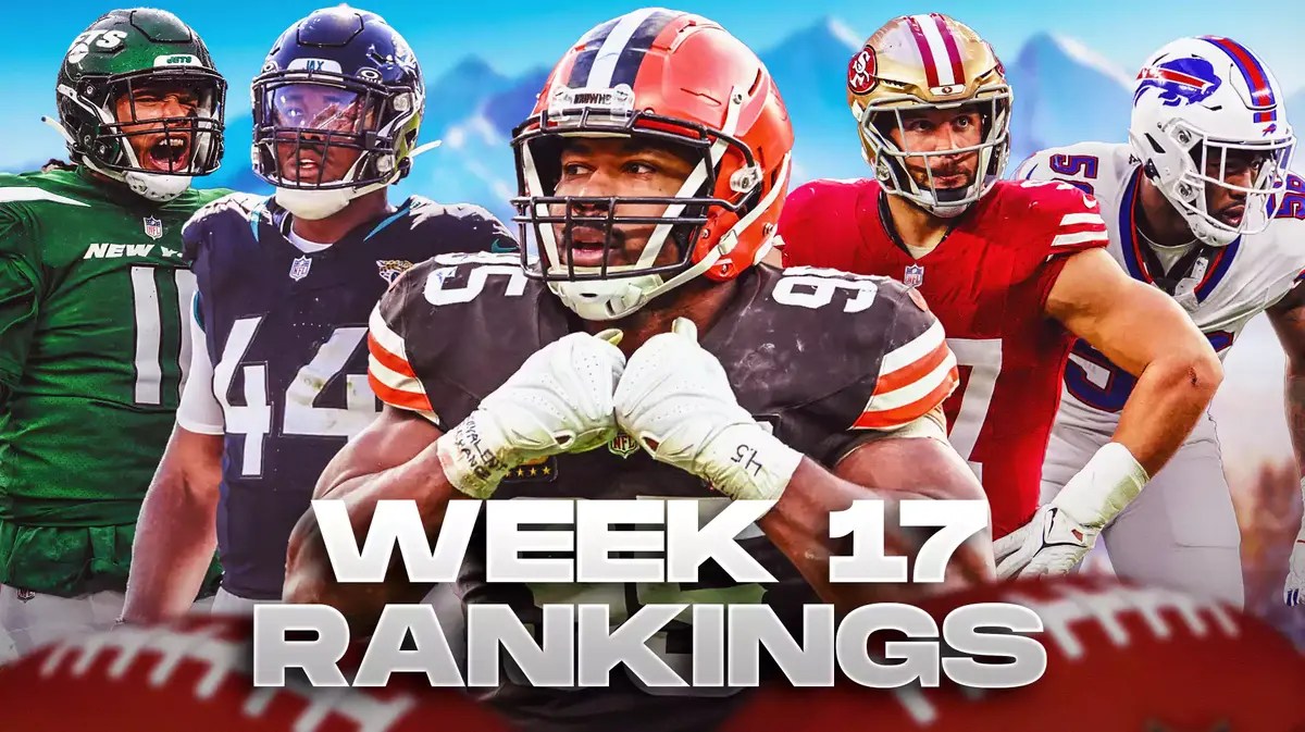 Fantasy football Defenses Myles Garrett, Leonard Floyd, Nick Bosa, Travon Walker, Jermaine Johnson are all beside each other with a mountainpeak in the background.