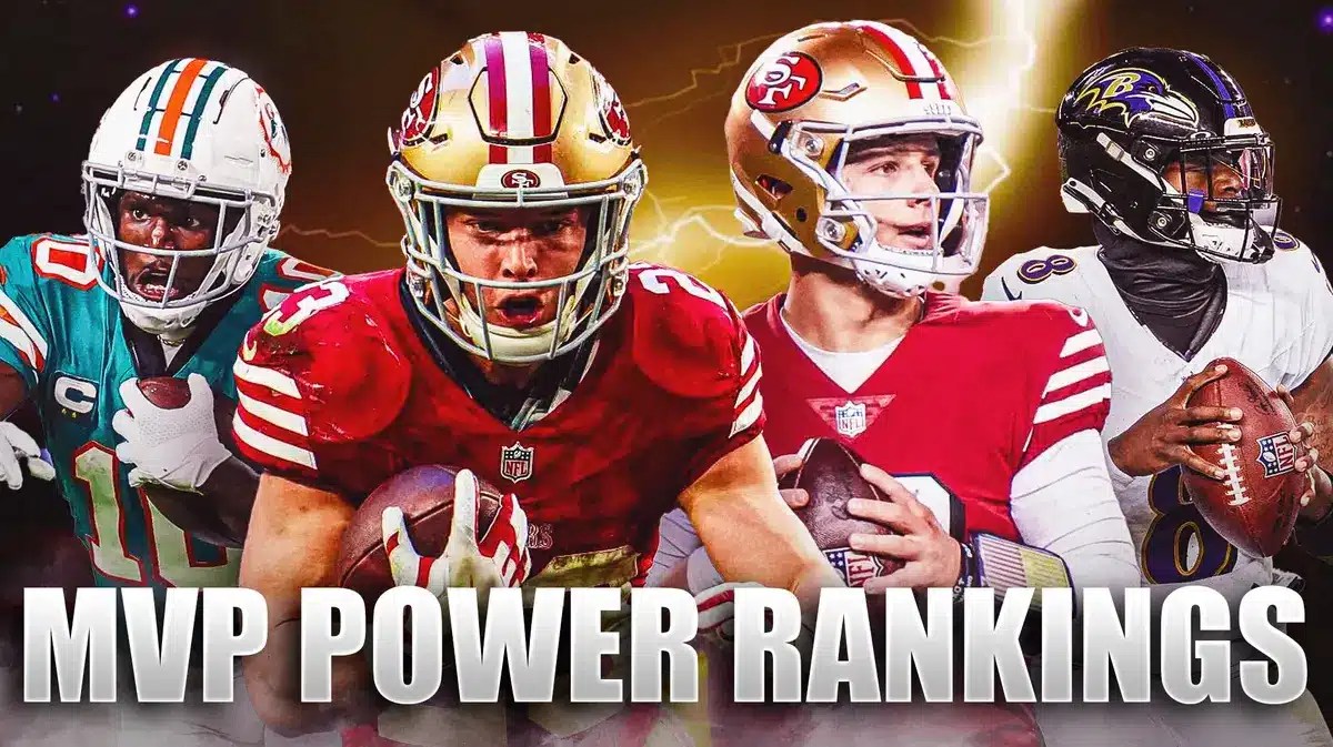 Lamar Jackson, Brock Purdy, Christian McCaffrey, Tyreek Hill all beside each other with Yellow lightning in the background.