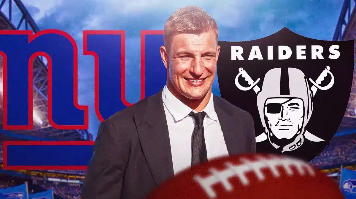 Retired football player Rob Gronkowski next to the logos of the New York Giants and the Las Vegas Raiders.