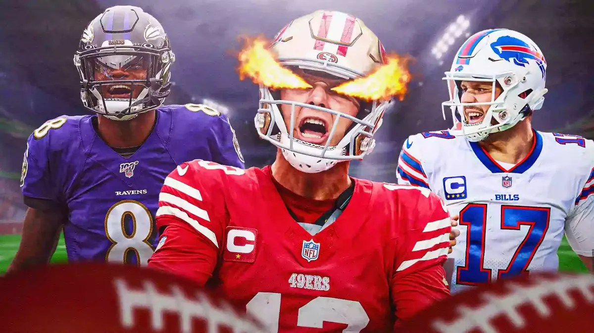 49ers' Brock Purdy in front with fire in his eyes. Place Ravens' Lamar Jackson, Bills' Josh Allen in background.