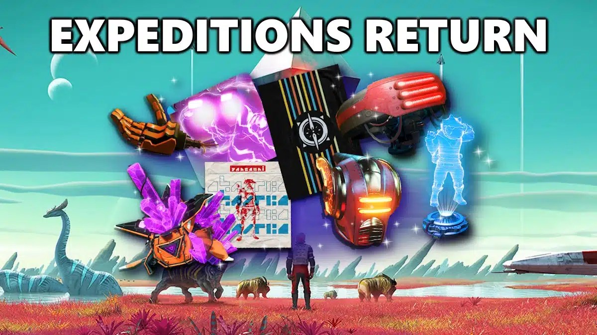 no mans sky expeditions, no mans sky, no mans sky 2023 expeditions, no mans sky event, key art for the game with the rewards for the ongoing No Man's Sky 2023 Expeditions rerun in front