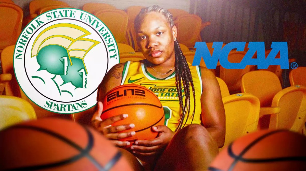 Diamond Johnson in her Norfolk State jersey with the Norfolk State and NCAA logos in the background