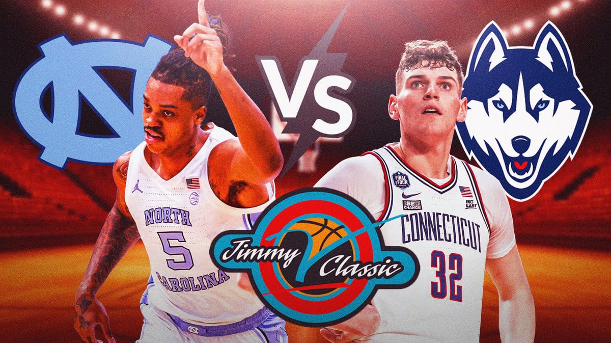 Bailey Bassett 38 minutes ago Armando Bacot, North Carolina logo vs. Donovan Clingan, UConn logo. Jimmy V Classic logo in the front.