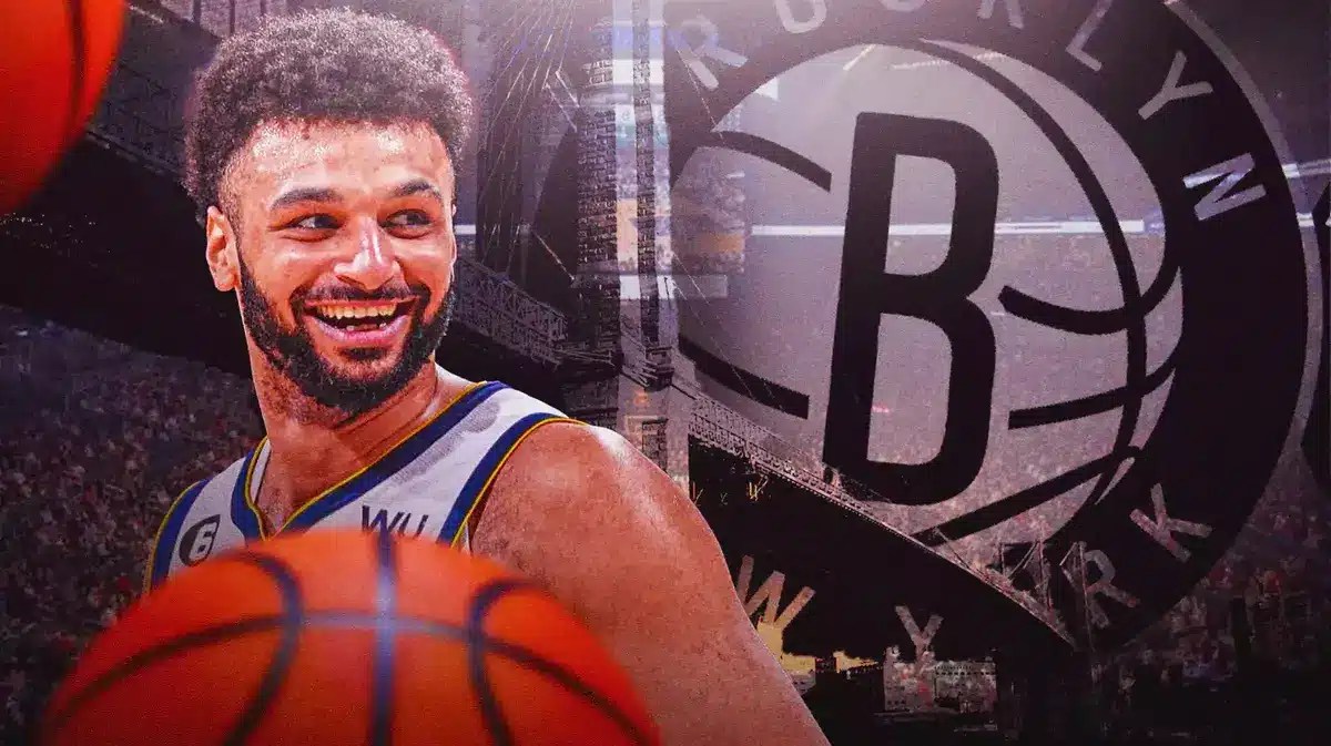Jamal Murray next to the Brooklyn Nets logo