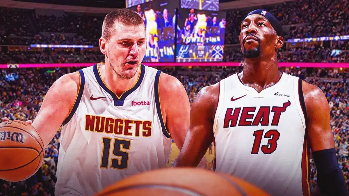 Denver Nuggets' Nikola Jokic beside Bam Adebayo