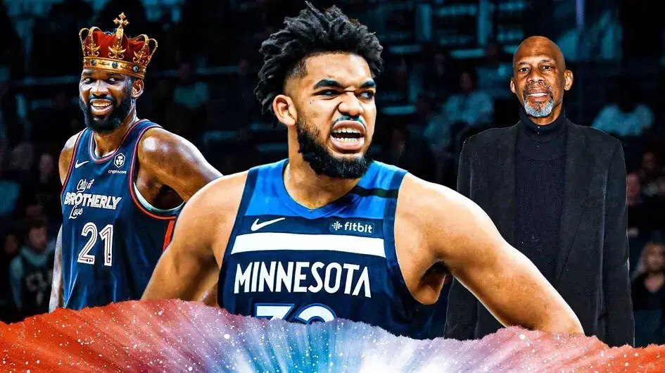 Sixers Joel Embiid and Timberwolves Karl Anthony Towns with Kareem Abdul Jabbar