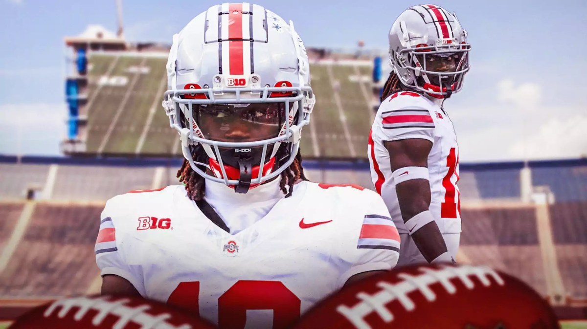 Ohio State football, Buckeyes, Michigan football, Denzel Burke, Cotton Bowl, Denzel Burke in Ohio State uni with Michigan football stadium in the background