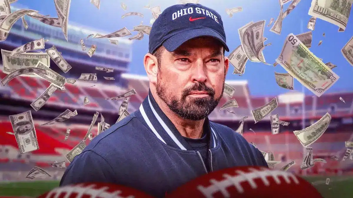 Ohio State coach Ryan Day with $100 bills falling all around him