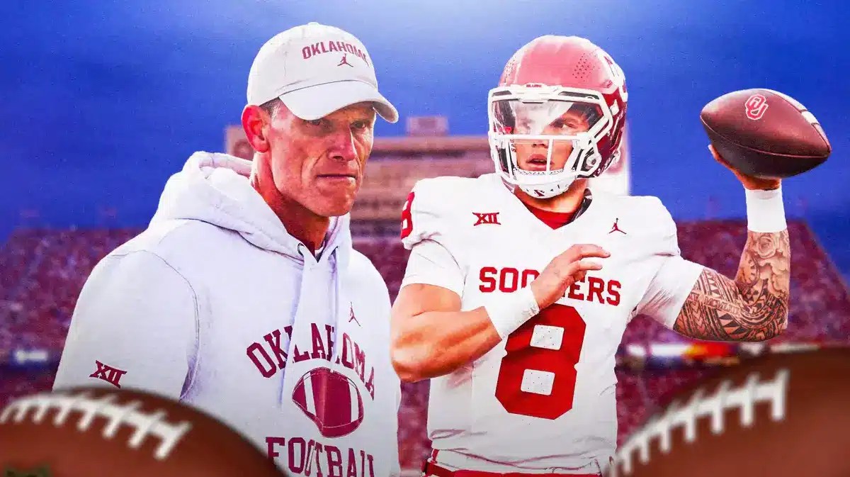Oklahoma football head coach Brent Venables and quarterback Dillon Gabriel in front of Gaylord Family-Oklahoma Memorial Stadium.