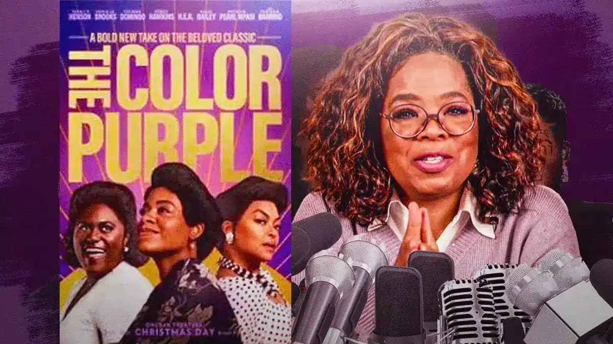 Oprah Winfrey with a The Color Purple movie poster.