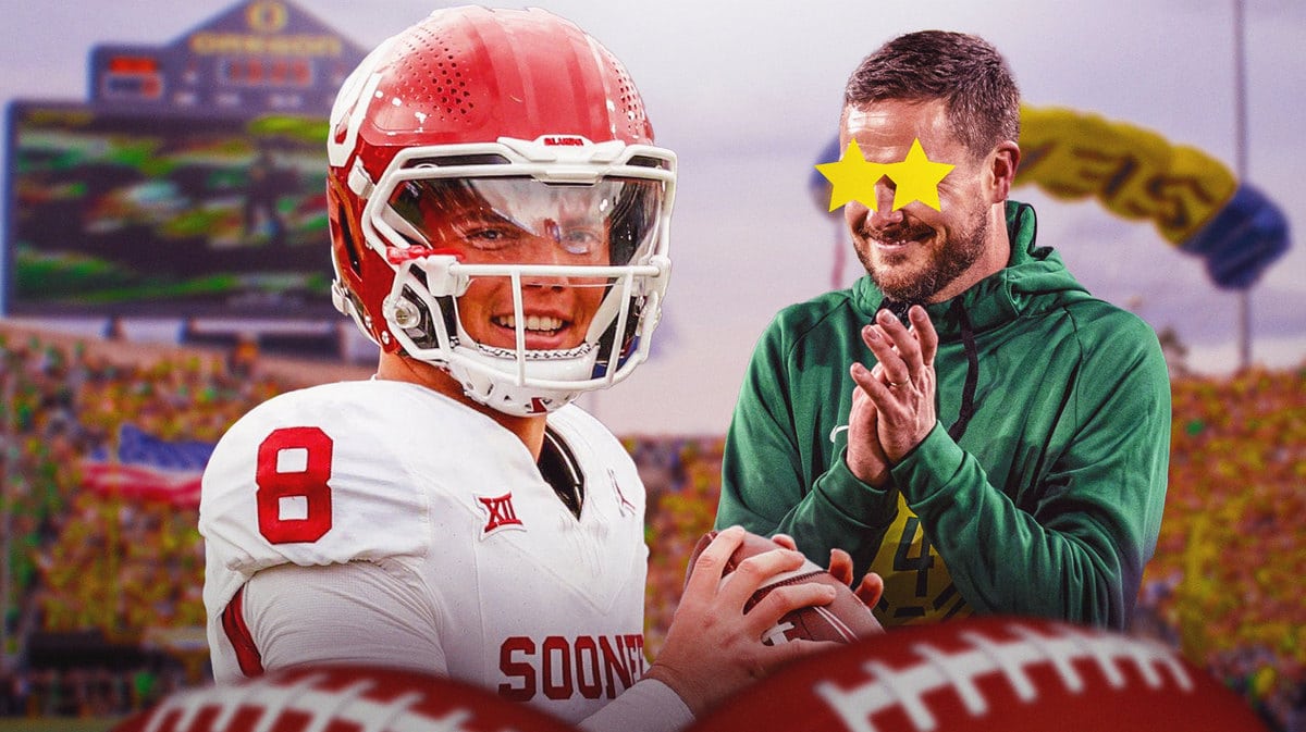Oregon HC Dan Lanning looking at Oklahoma transfer Dillon GAbriel.