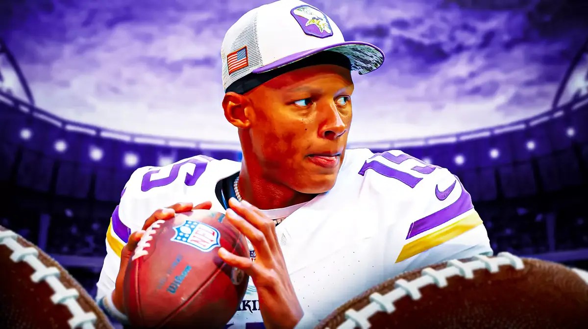 Minnesota Vikings quarterback Josh Dobbs in front of U.S. Bank Stadium.