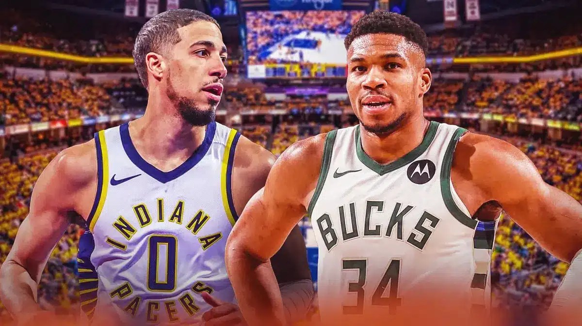 Indiana Pacers guard Tyrese Haliburton and Milwaukee Bucks forward Giannis Antetokounmpo