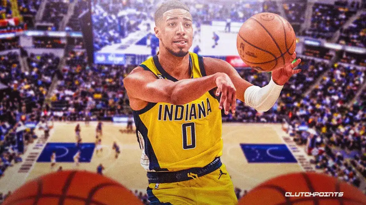 Indiana Pacers point guard Tyrese Haliburton mid-pass