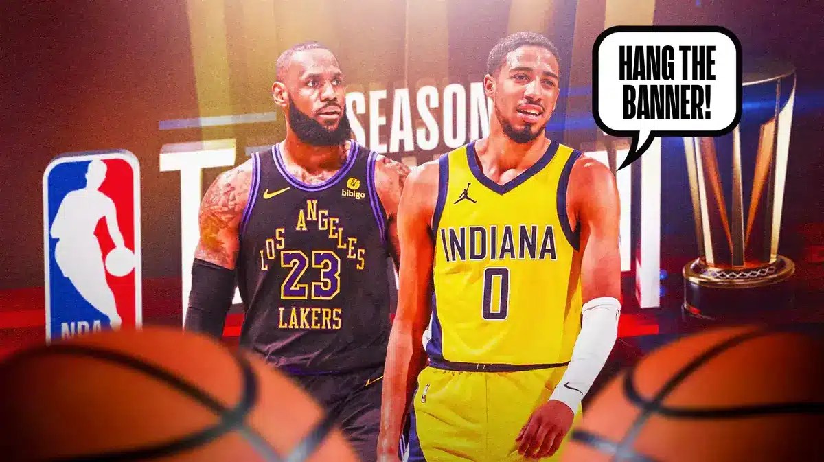 Pacers' Tyrese Haliburton saying "Hang the banner" next to LeBron James with NBA In-Season Tournament background