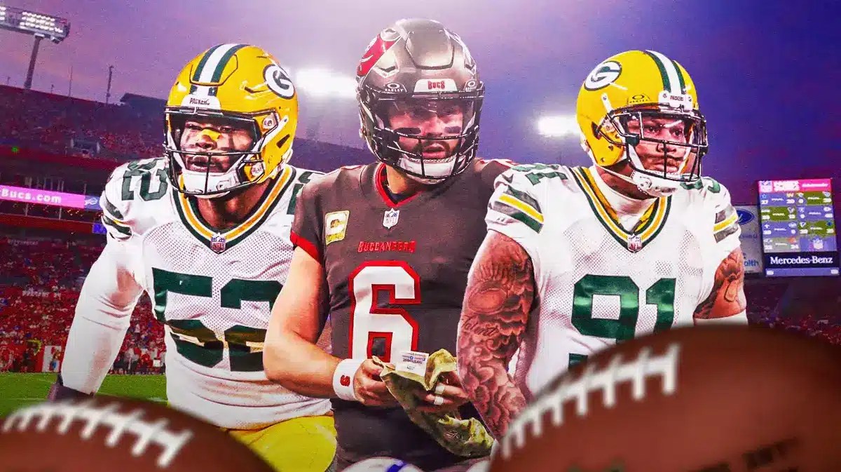 Baker Mayfield between Rashan Gary and Preston Smith