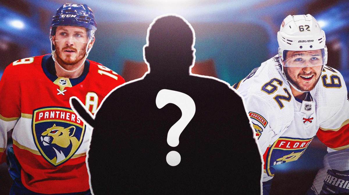 Brandon Montour and Matthew Tkachuk on either side, FLA Panthers silhouetted player in middle, FLA Panthers logo, hockey rink in background