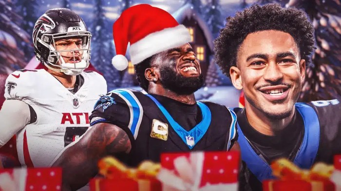 Panthers Brian Burns with Bryce Young and Falcons Desmond Ridder