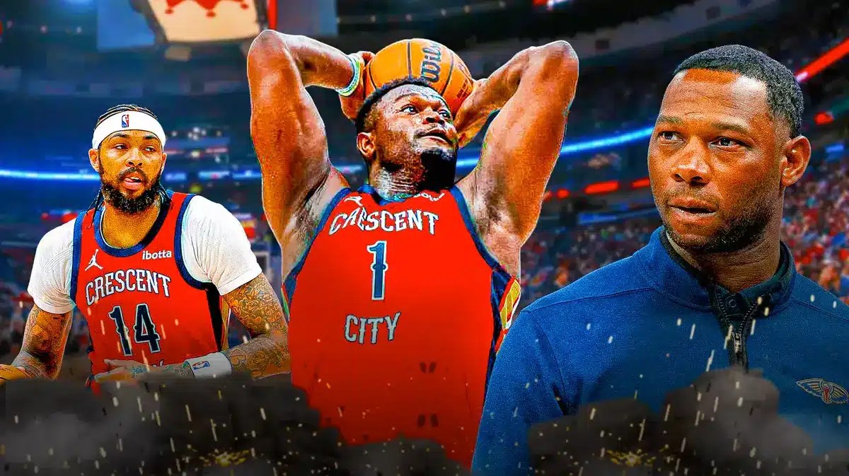 Pelicans' Willie Green in front. Pelicans' Zion Williamson dunking a basketball, Pelicans' Brandon Ingram in background.
